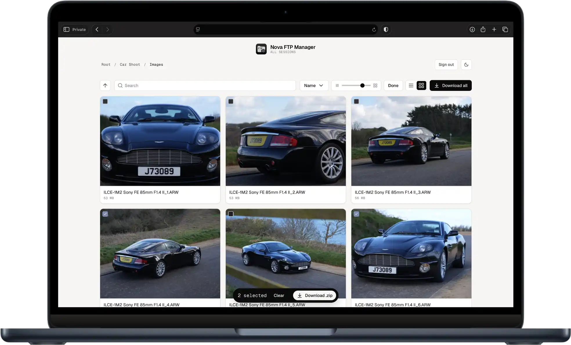 FTP Manager's web interface open in a desktop browser, showing received files.